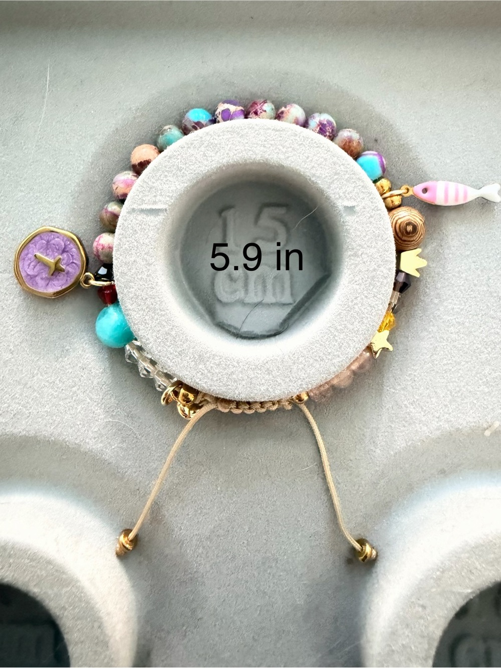 Hand Crafted Gold Multicolor Beaded Charm Bracelet with Blue Cross Disc - Picture 5 of 5